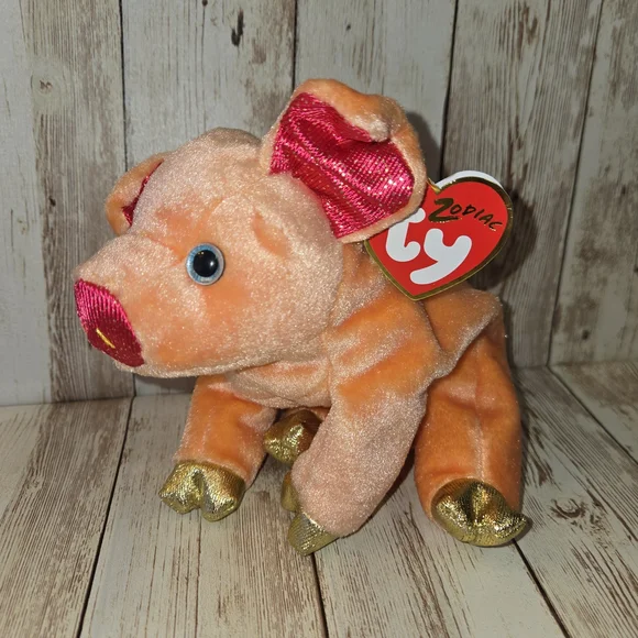 Ty Zodiac Pig Plush Toy - Orange with Gold and Pink - Picture 1 of 12